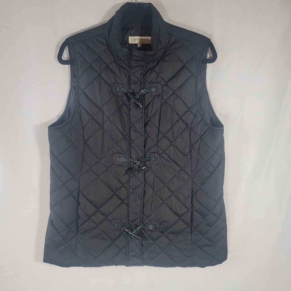 Jones New York Sport Womens Black Quilted Toggle Puffer Vest Size L Unique Hooks